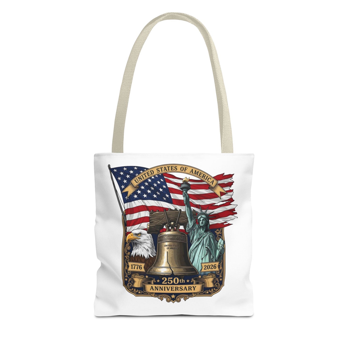 Patriotic 250th Anniversary Tote Bag — USA Flag, Liberty Bell & Eagle Design