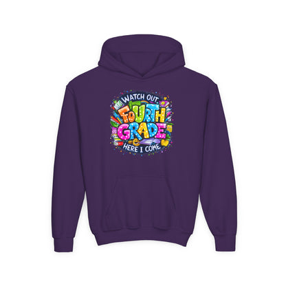 Fourth Grade Hoodie - "Watch Out Fourth Grade Here I Come" Colorful Back-to-School Kids Sweatshirt