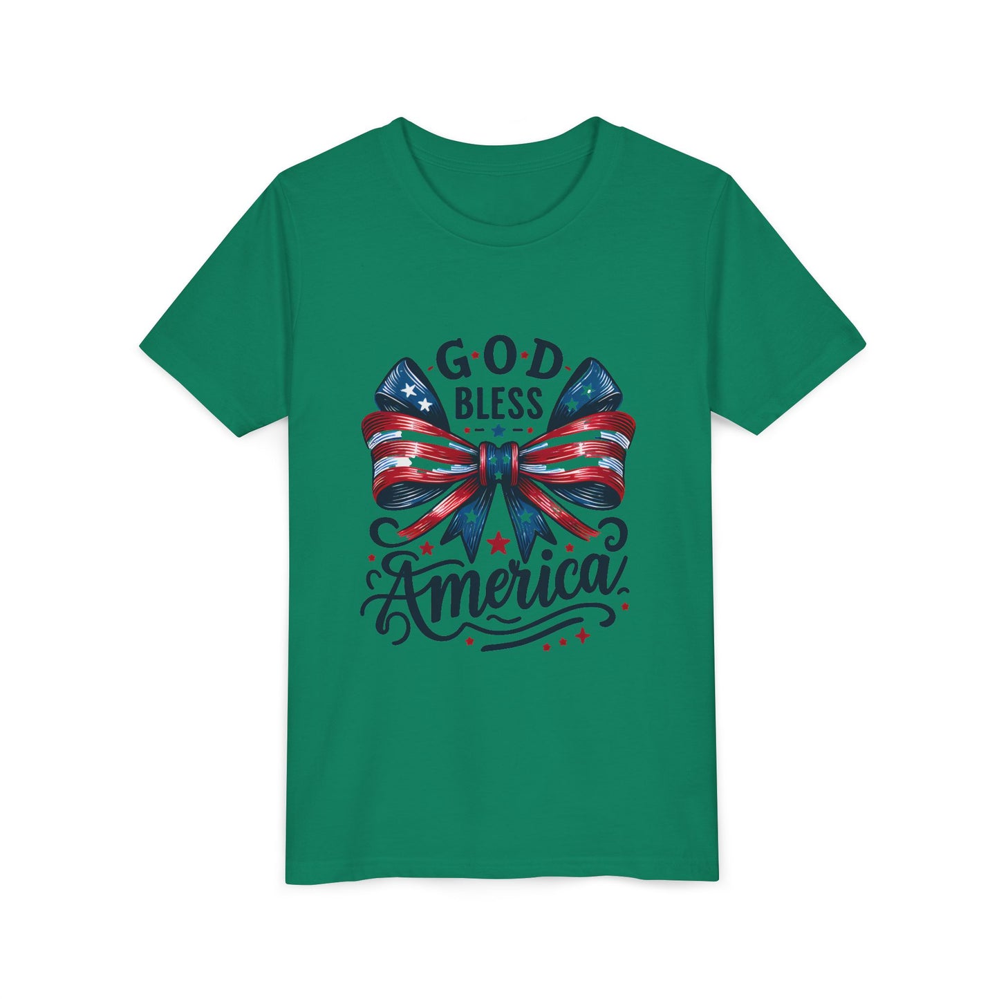 Youth Tee — "God Bless America" Patriotic Bow T-Shirt (4th of July, Memorial Day)
