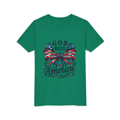 Youth Tee — "God Bless America" Patriotic Bow T-Shirt (4th of July, Memorial Day)