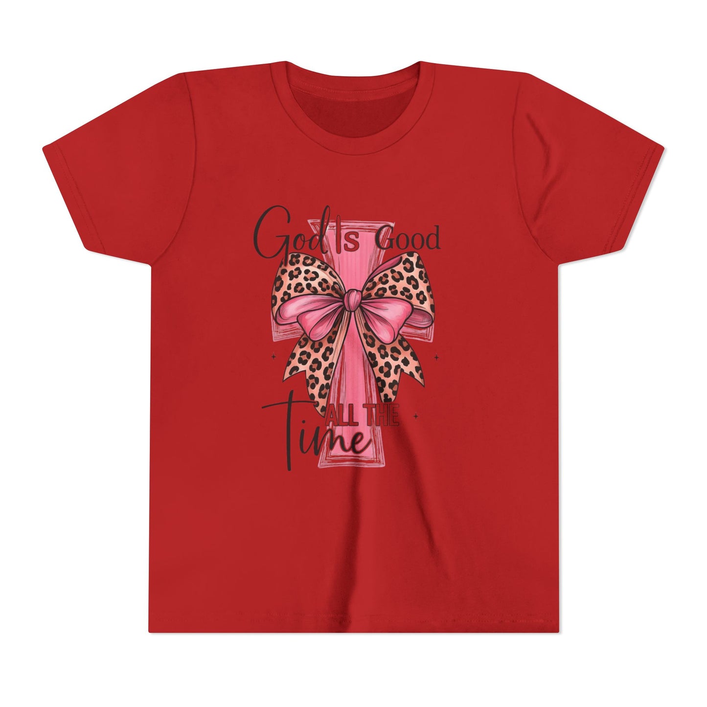 Youth Tee — "God is Good All the Time" Pink Cross with Leopard Bow