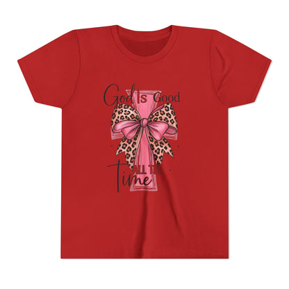 Youth Tee — "God is Good All the Time" Pink Cross with Leopard Bow