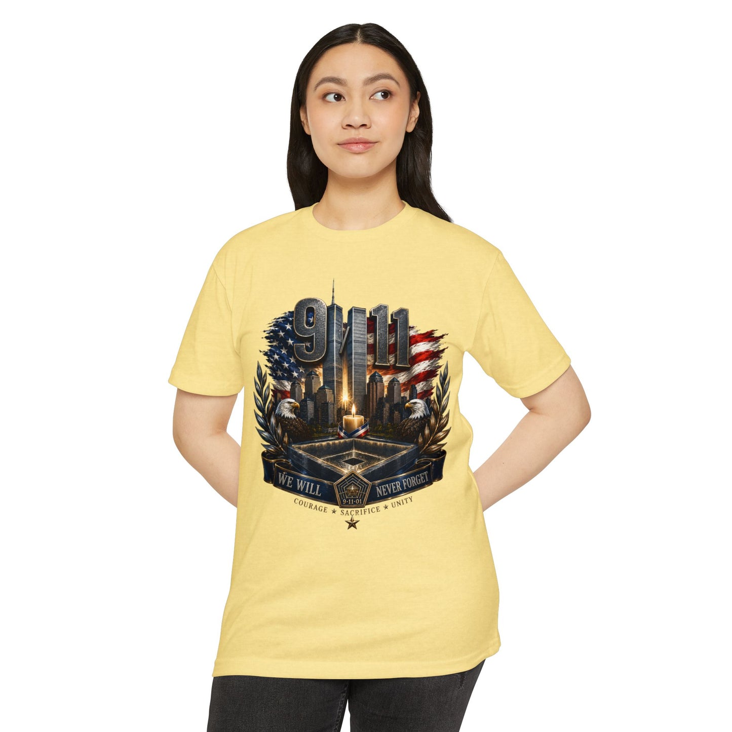 9/11 Never Forget Memorial T-Shirt — Tribute American Flag Skyline Tee