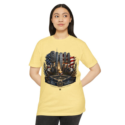 9/11 Never Forget Memorial T-Shirt — Tribute American Flag Skyline Tee