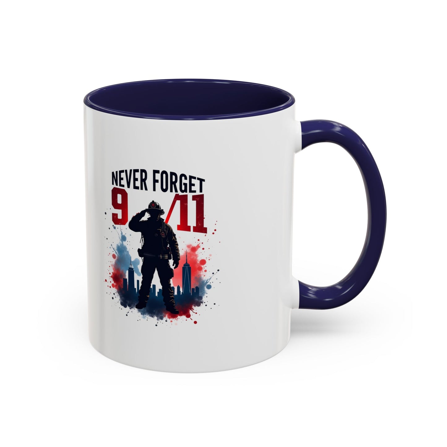 Never Forget 9/11 Accent Coffee Mug — Patriotic Memorial Tribute (11oz, 15oz)