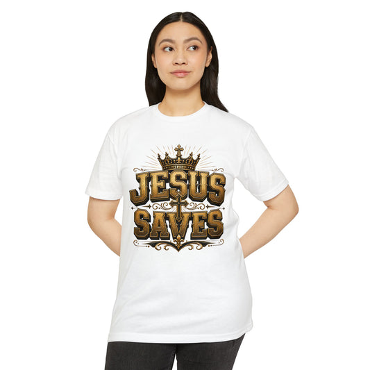 Jesus Saves T-Shirt — Christian Faith Graphic Tee with Crown & Cross