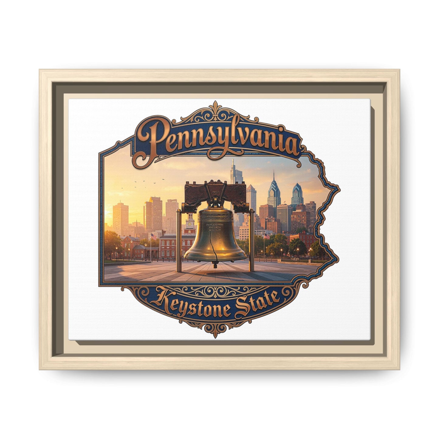 Pennsylvania Keystone State Framed Canvas Wall Art — Liberty Bell & Philadelphia Skyline