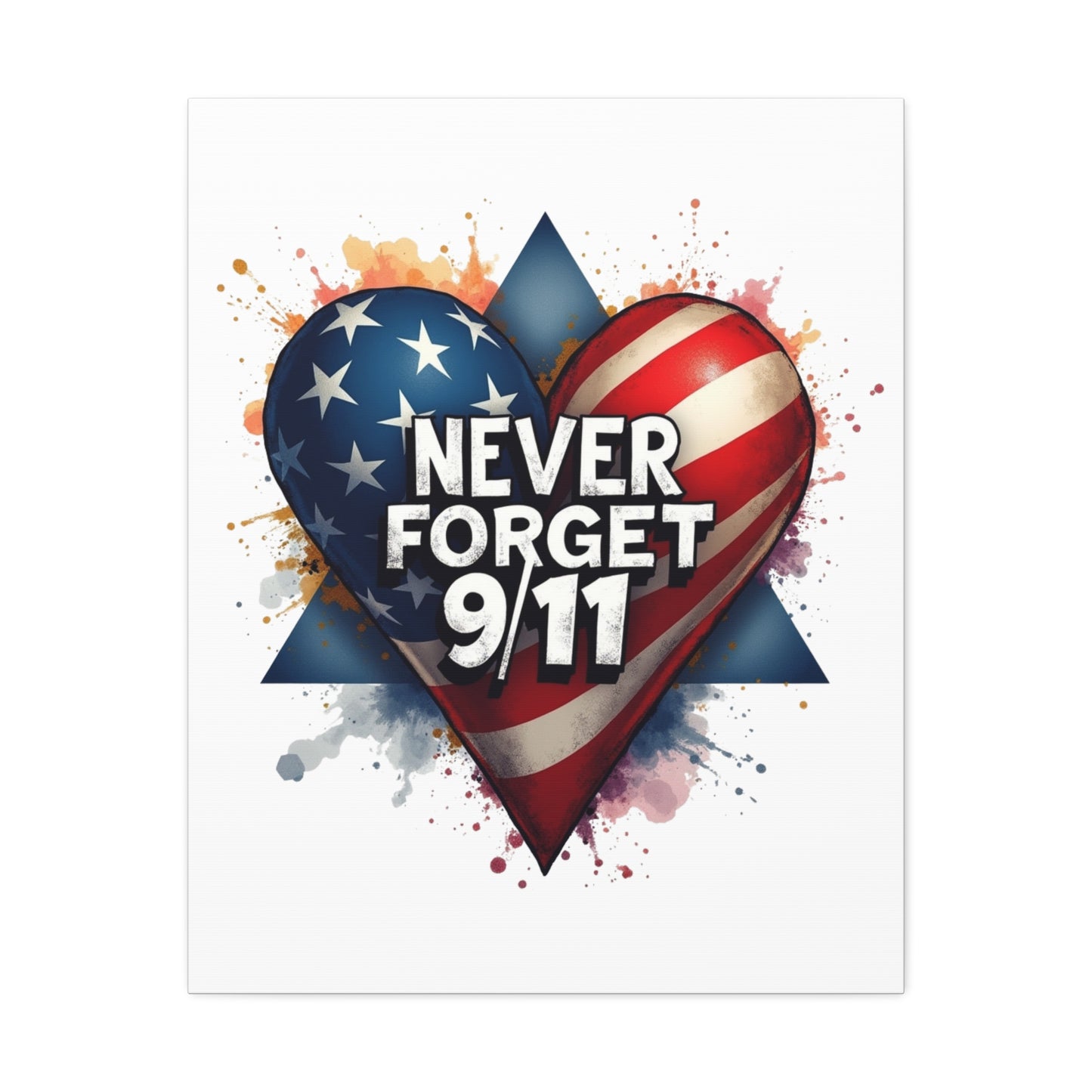 Never Forget 9/11 American Flag Heart Stretched Canvas