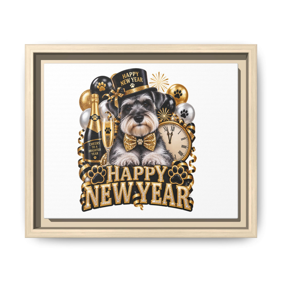 Happy New Year Schnauzer Matte Canvas Framed Art