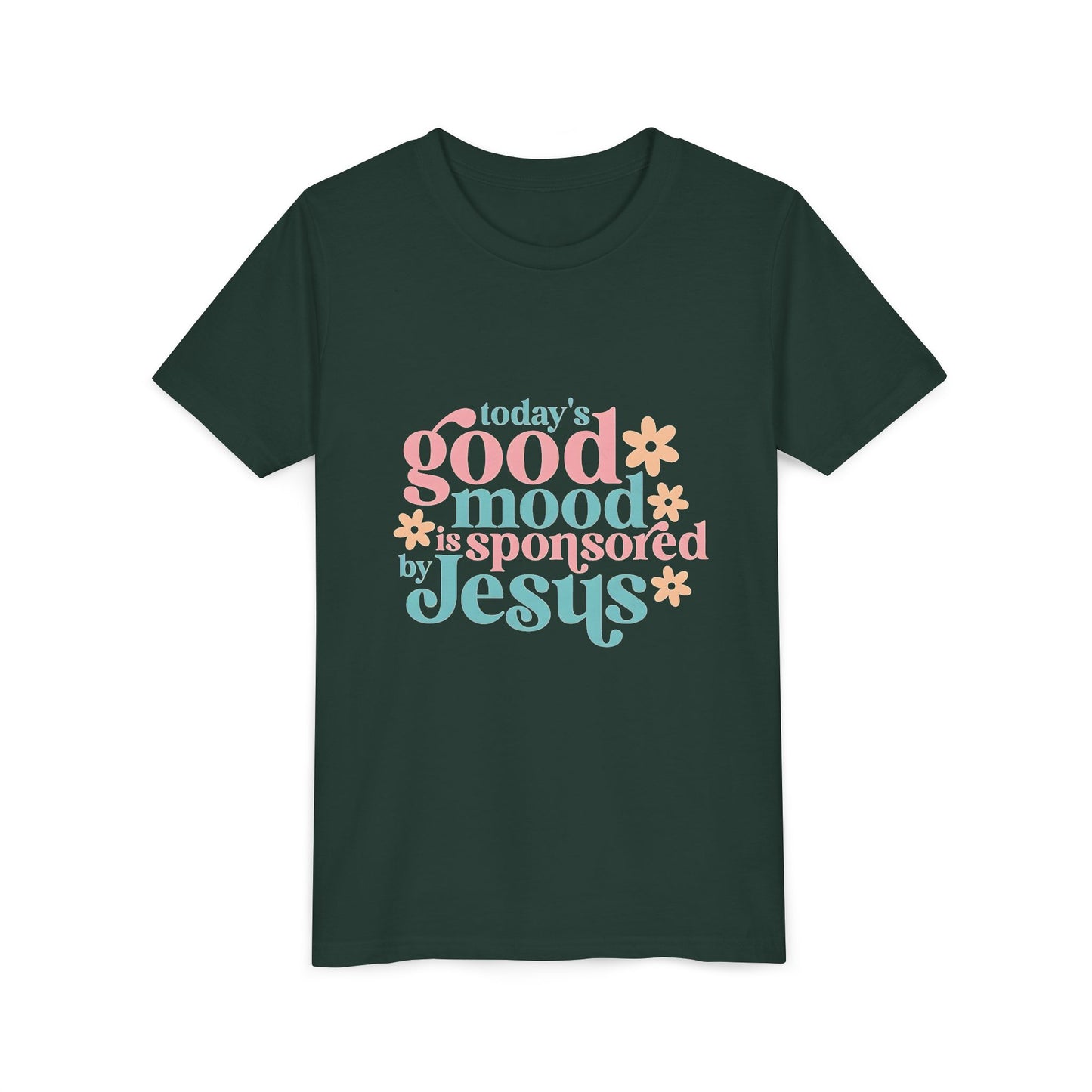 Youth Tee – "Today's Good Mood is Sponsored by Jesus" Retro Floral Christian Shirt