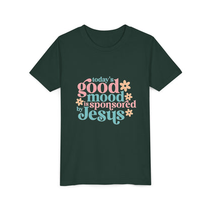 Youth Tee – "Today's Good Mood is Sponsored by Jesus" Retro Floral Christian Shirt