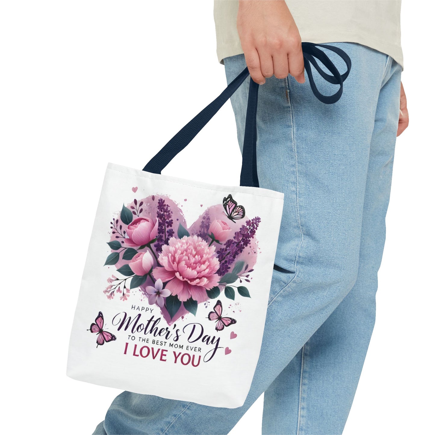 Mother's Day Floral Tote Bag - "Happy Mother's Day I Love You" Heart Bouquet