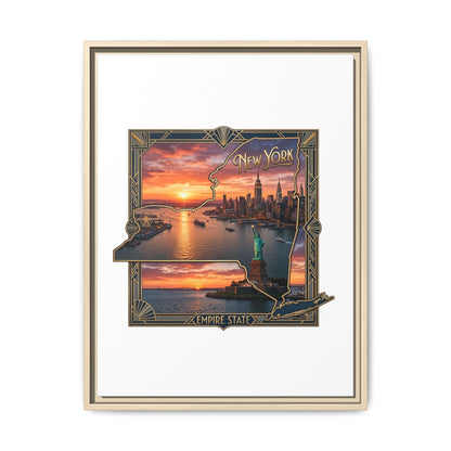 Framed Matte Canvas Wall Art — New York City Sunset Skyline with Statue of Liberty
