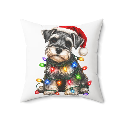 Schnauzer Puppy Christmas Pillow — Festive Dog with Santa Hat & Holiday Lights