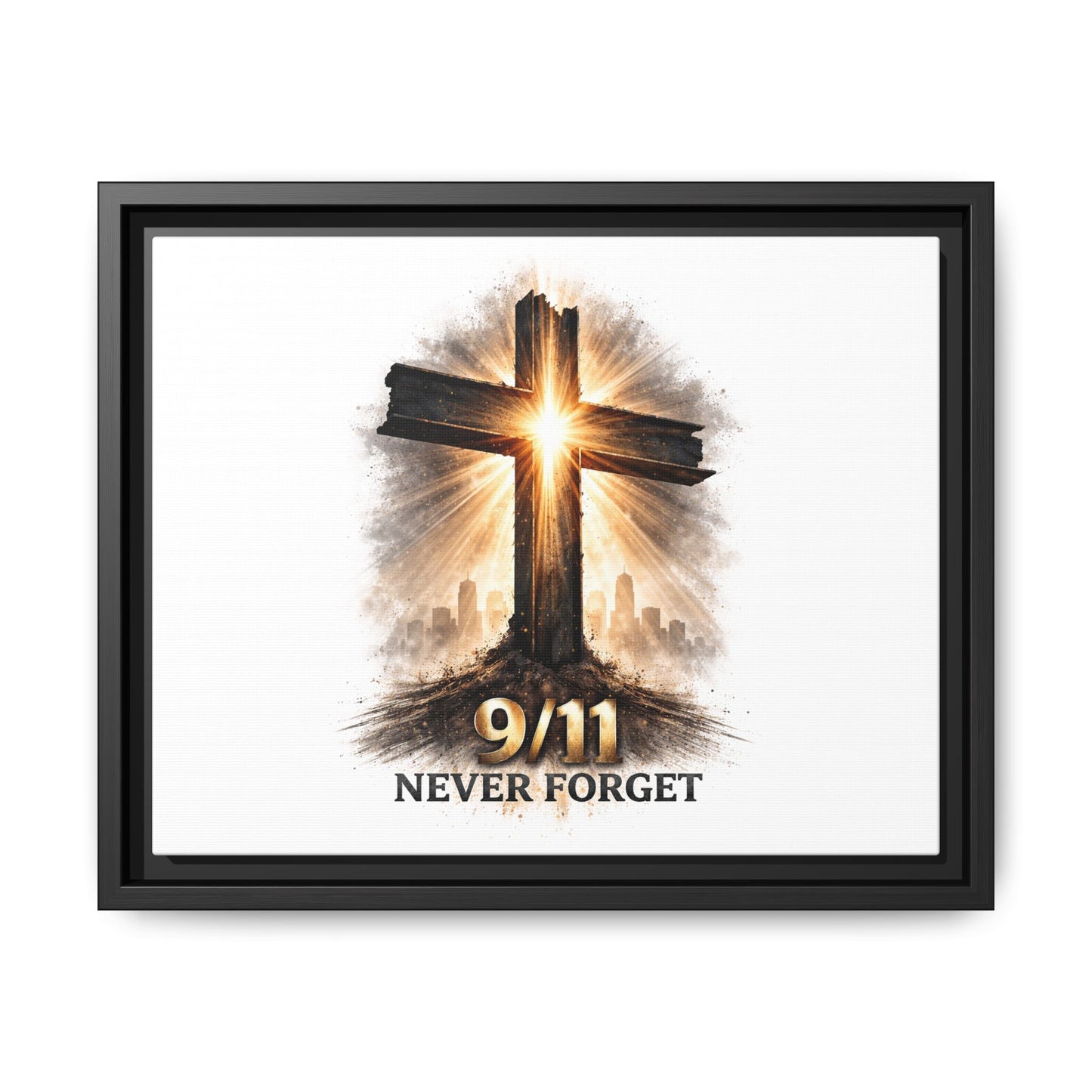 9/11 Never Forget Framed Canvas Wall Art — Memorial Cross Tribute
