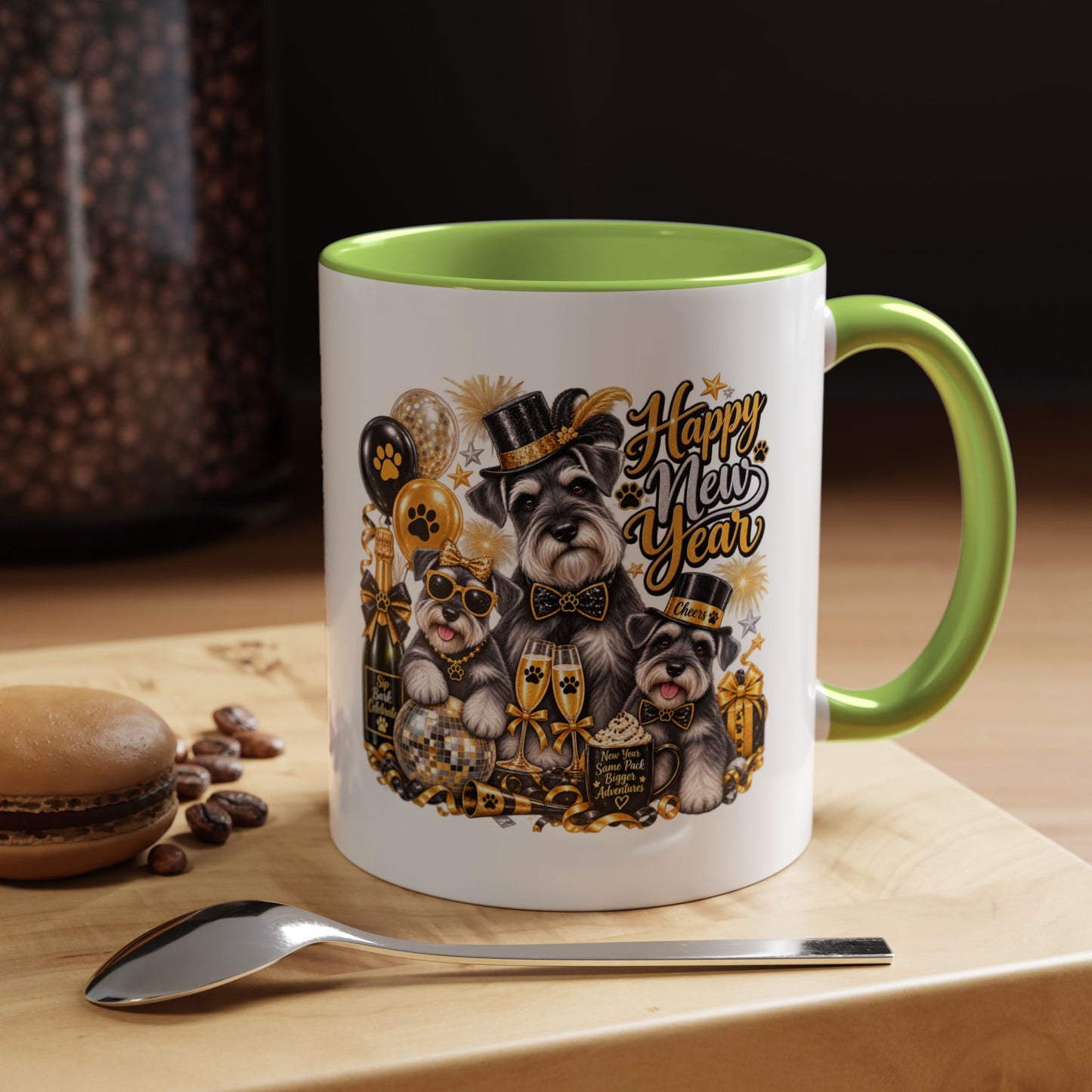 Happy New Year Schnauzer Coffee Mug — Festive Dog New Year Accent Mug (11/15oz)