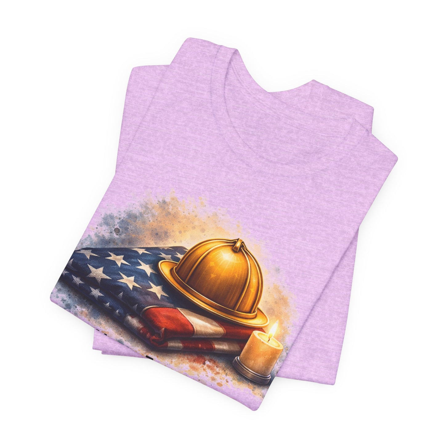 Never Forget Memorial T‑Shirt — Firefighter Helmet & Flag Tribute