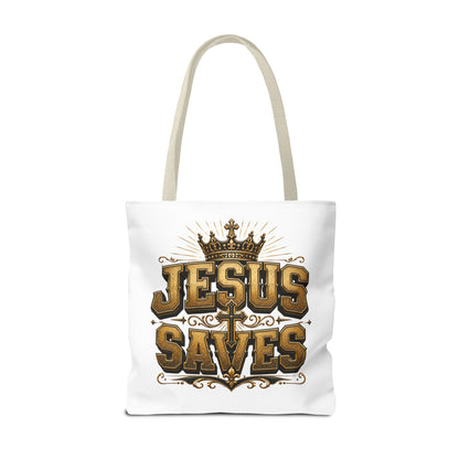 Jesus Saves Tote Bag — Christian Gospel Canvas Carryall with Crown & Cross Design