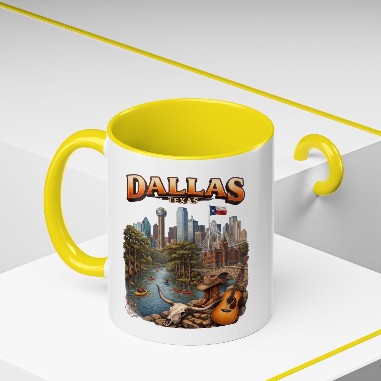Dallas Skyline Accent Coffee Mug — Texas Souvenir Mug with Guitar & Cityscape