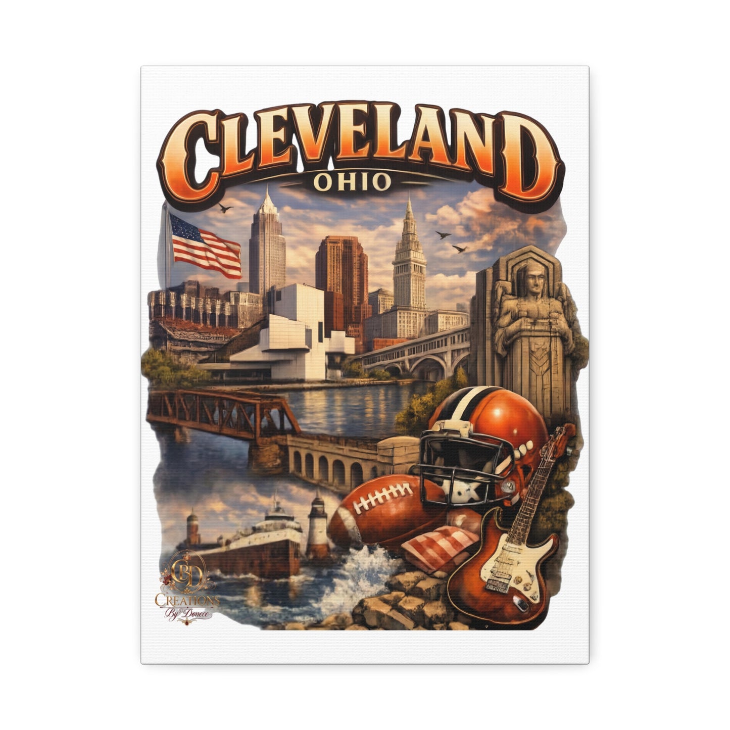 Cleveland Ohio Vintage Collage Stretched Canvas — Rock & Football City Skyline Wall Art