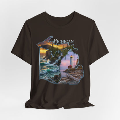 Michigan Scenic Map T-Shirt — Great Lakes Lighthouse Sunset Tee