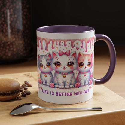 Cute Pastel Kawaii Cat Mug – "Life Is Better With Cats" Accent Coffee Cup (11/15 oz)
