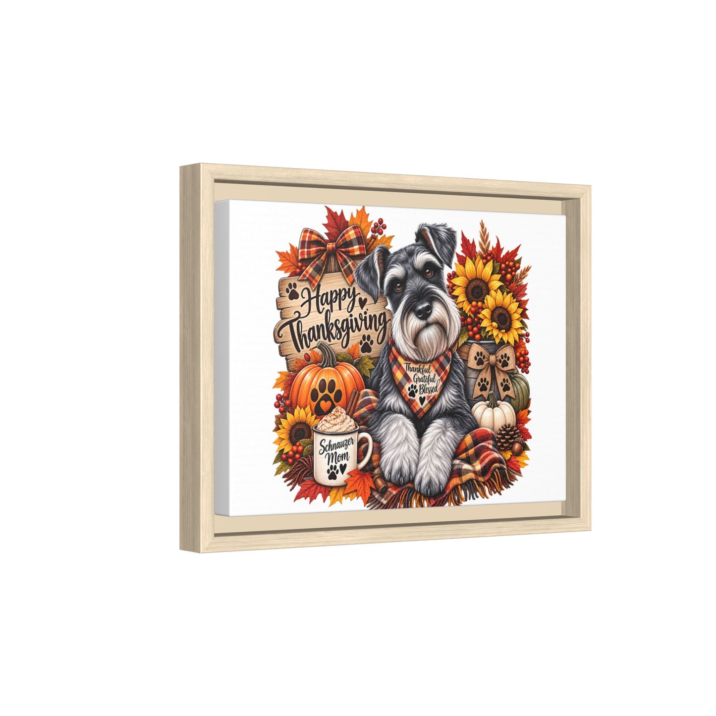 Happy Thanksgiving Schnauzer Framed Canvas — Autumn Dog Wall Art