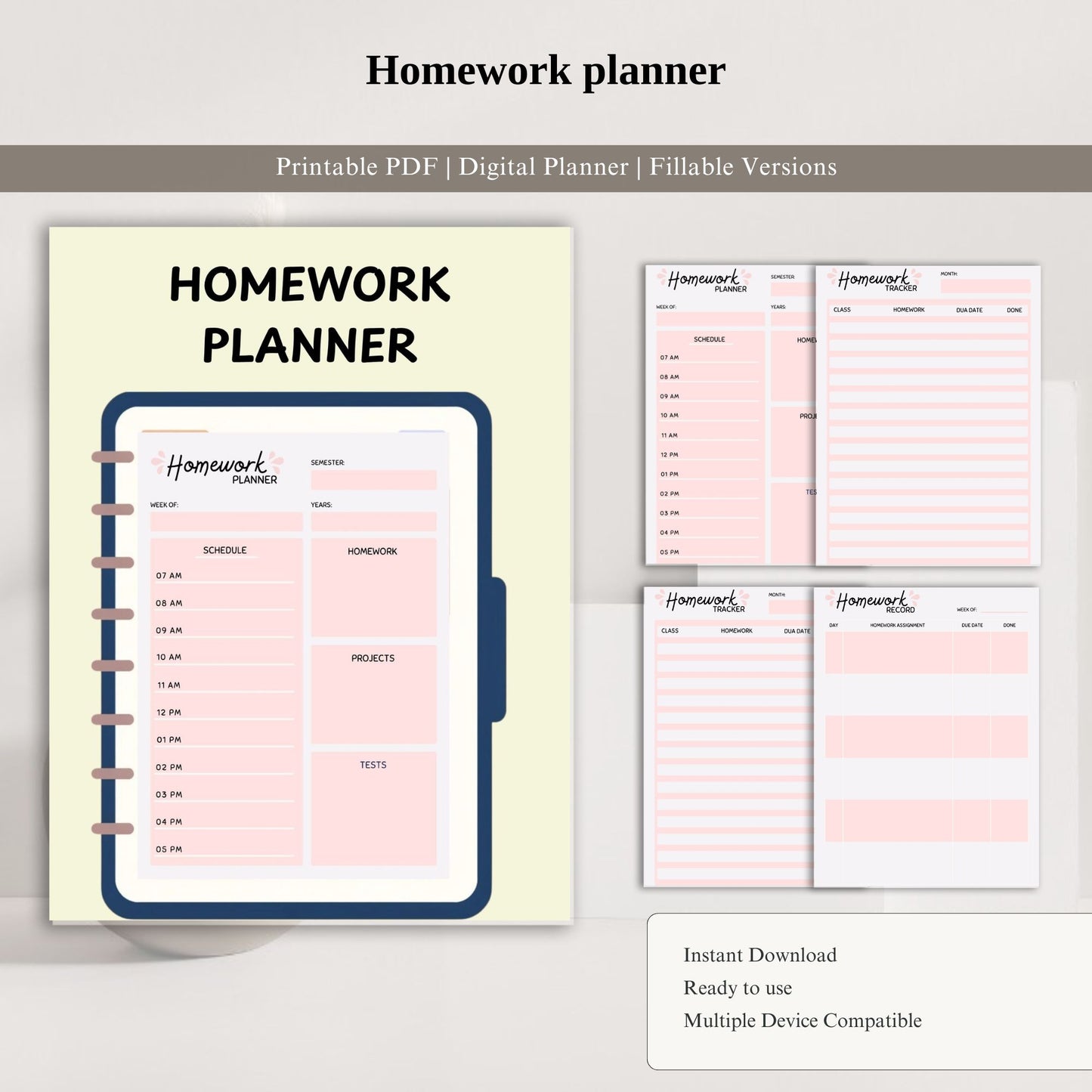 Homework Planner | Student Assignment Tracker | School Organizer | Daily Homework Log | Study Planner Printable