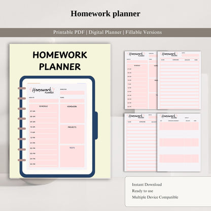 Homework Planner | Student Assignment Tracker | School Organizer | Daily Homework Log | Study Planner Printable