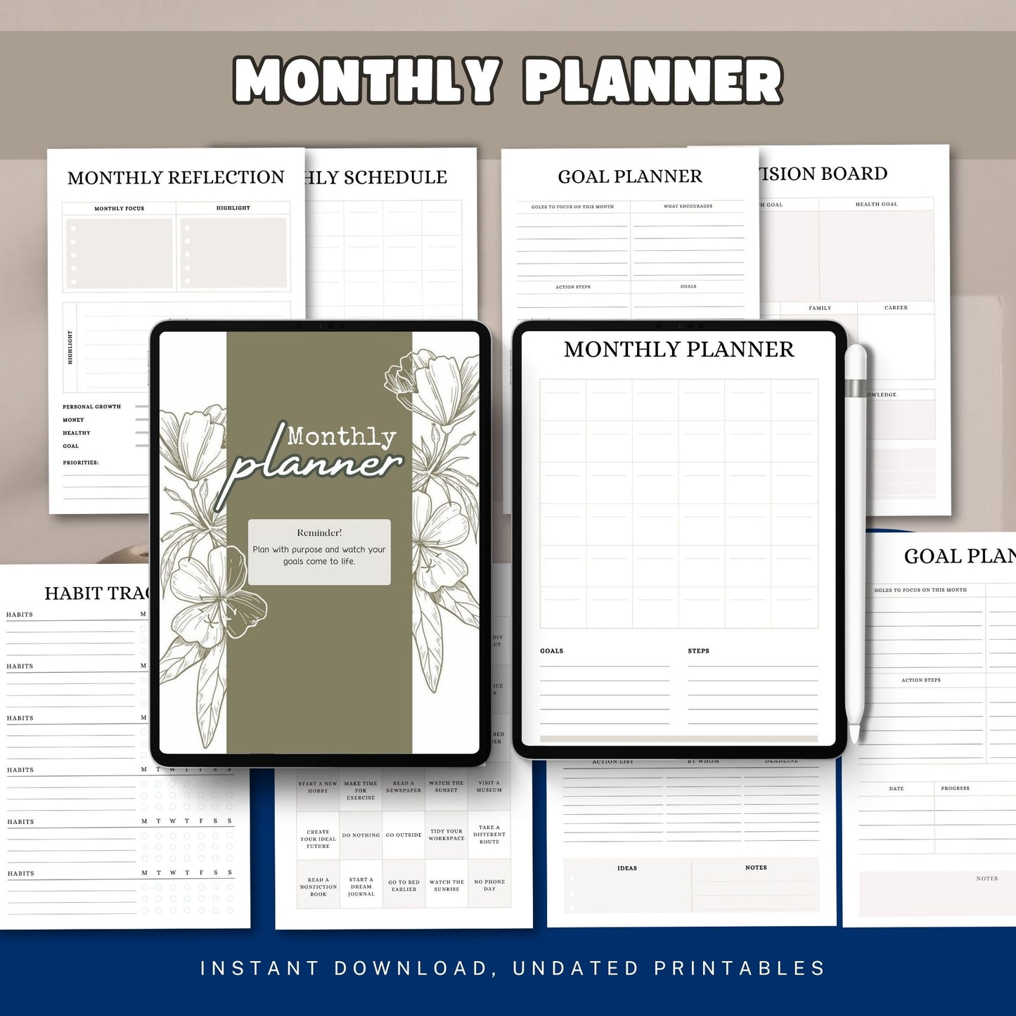 Monthly Planner Printable | Calendar Planner | Monthly Organizer | Goal Planner | Productivity Planner PDF