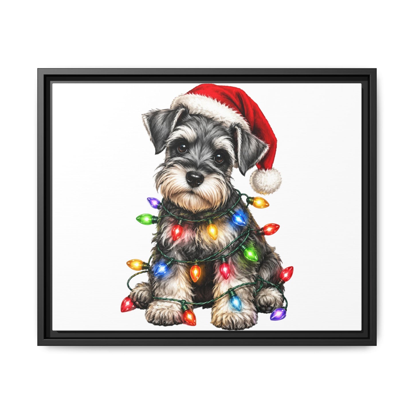 Holiday Schnauzer Canvas Print — Framed Matte Wall Art with Christmas Lights