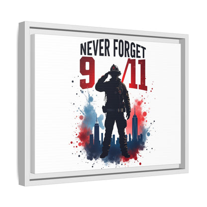 Never Forget 9/11 Framed Canvas Print — Patriotic Firefighter Memorial Art