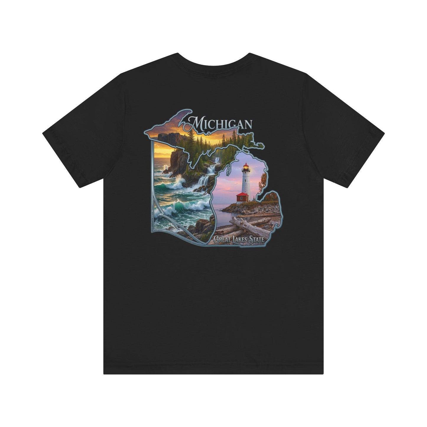 Michigan Scenic Map T-Shirt — Great Lakes Lighthouse Sunset Tee