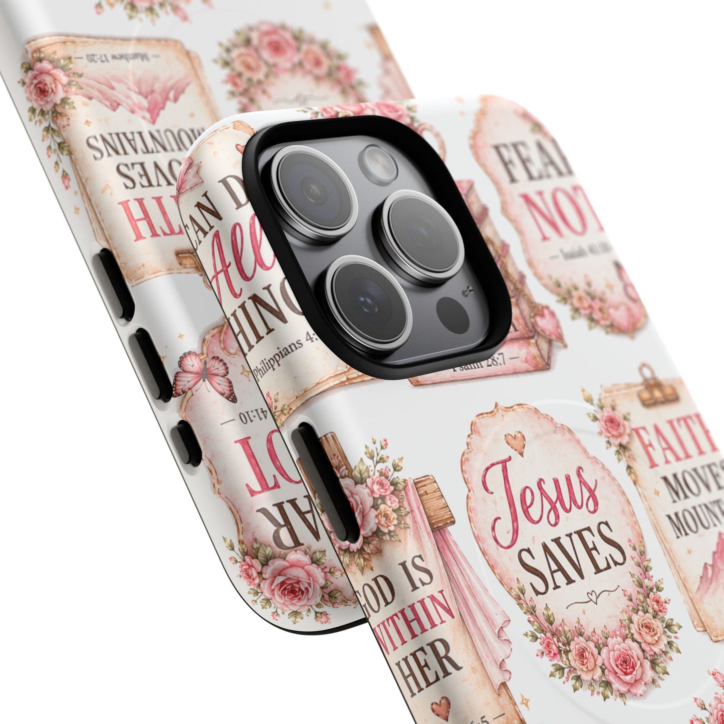Christian Faith iPhone Tough Magnetic Case — 'Jesus Saves' Floral Scripture Design (Fear Not, Faith Moves Mountains)