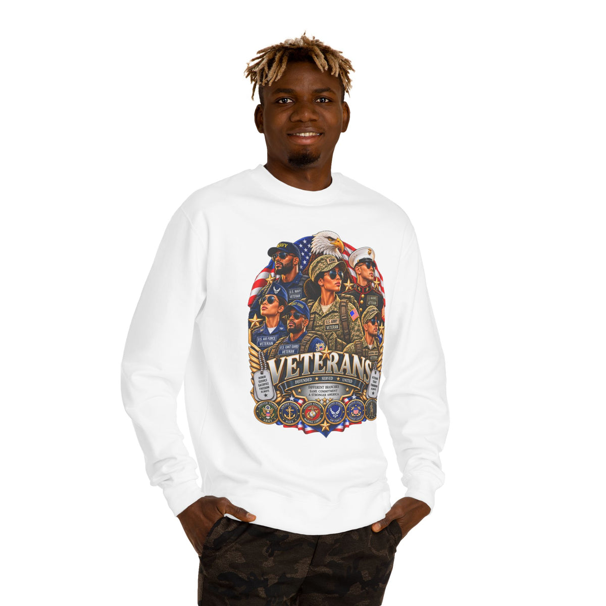 Veterans Tribute Sweatshirt — Patriotic Military Emblems & Eagle Crewneck