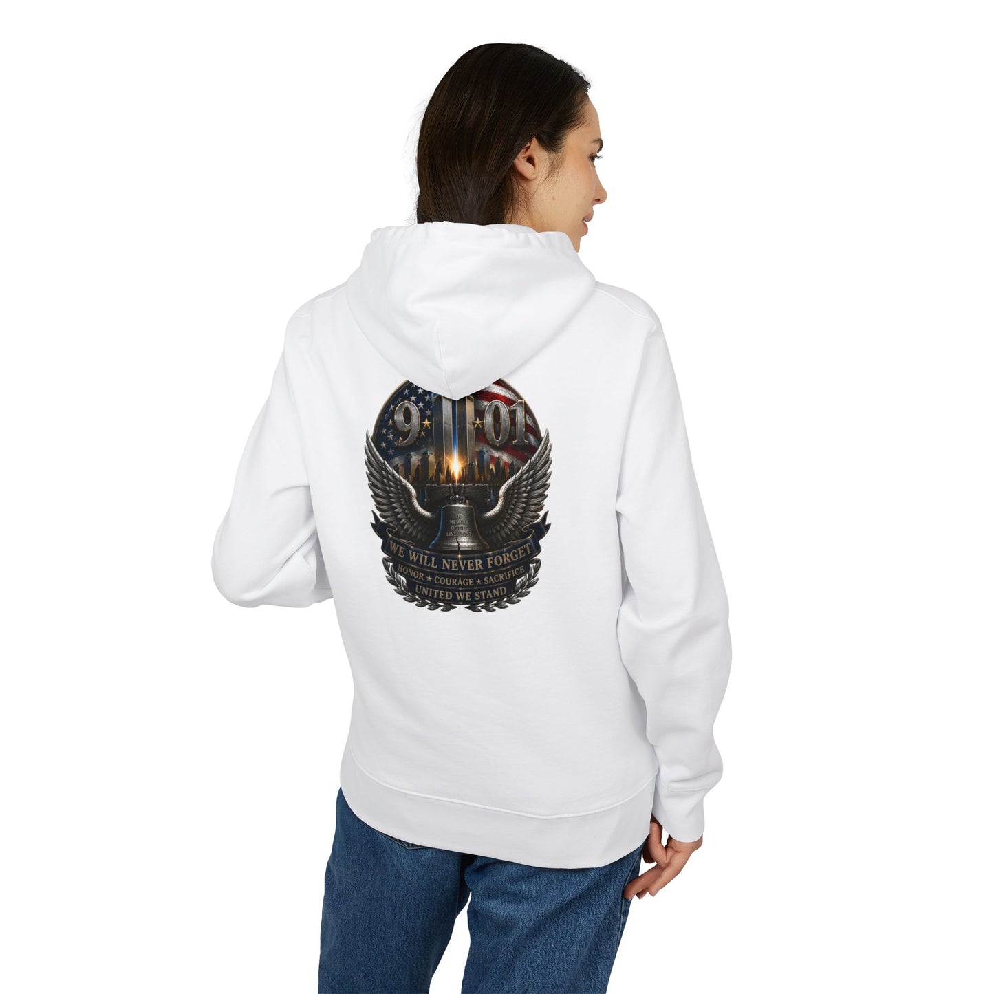 9/11 Never Forget Hoodie — Memorial American Flag Skull Design