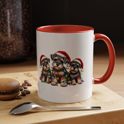 Christmas Puppy Coffee Mug — Cute Schnauzer Trio with Santa Hats & Holiday Lights (11/15oz)