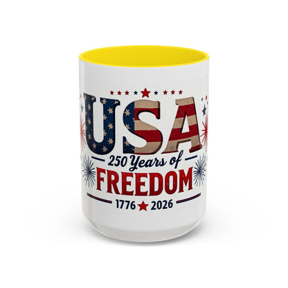 USA 250 Years of Freedom Accent Coffee Mug – 1776–2026 Patriotic Fourth of July Gift