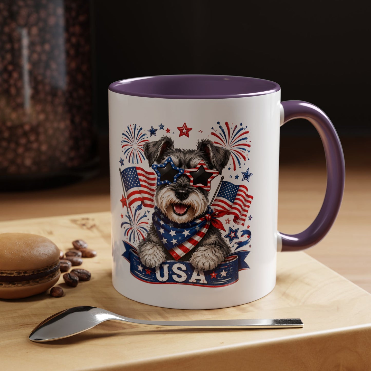 Patriotic Schnauzer Coffee Mug – USA Flag, Fireworks Accent Mug (11/15oz)