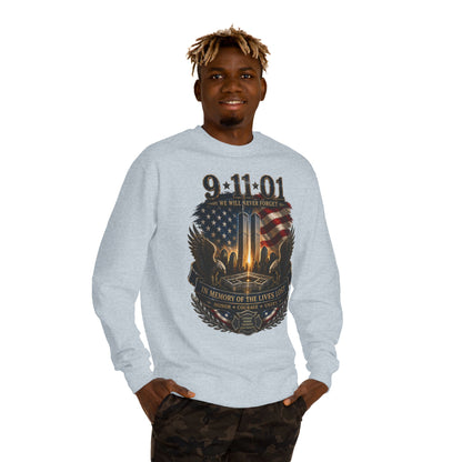 9/11 Memorial Sweatshirt – 'We Will Never Forget' Twin Towers Tribute Crewneck