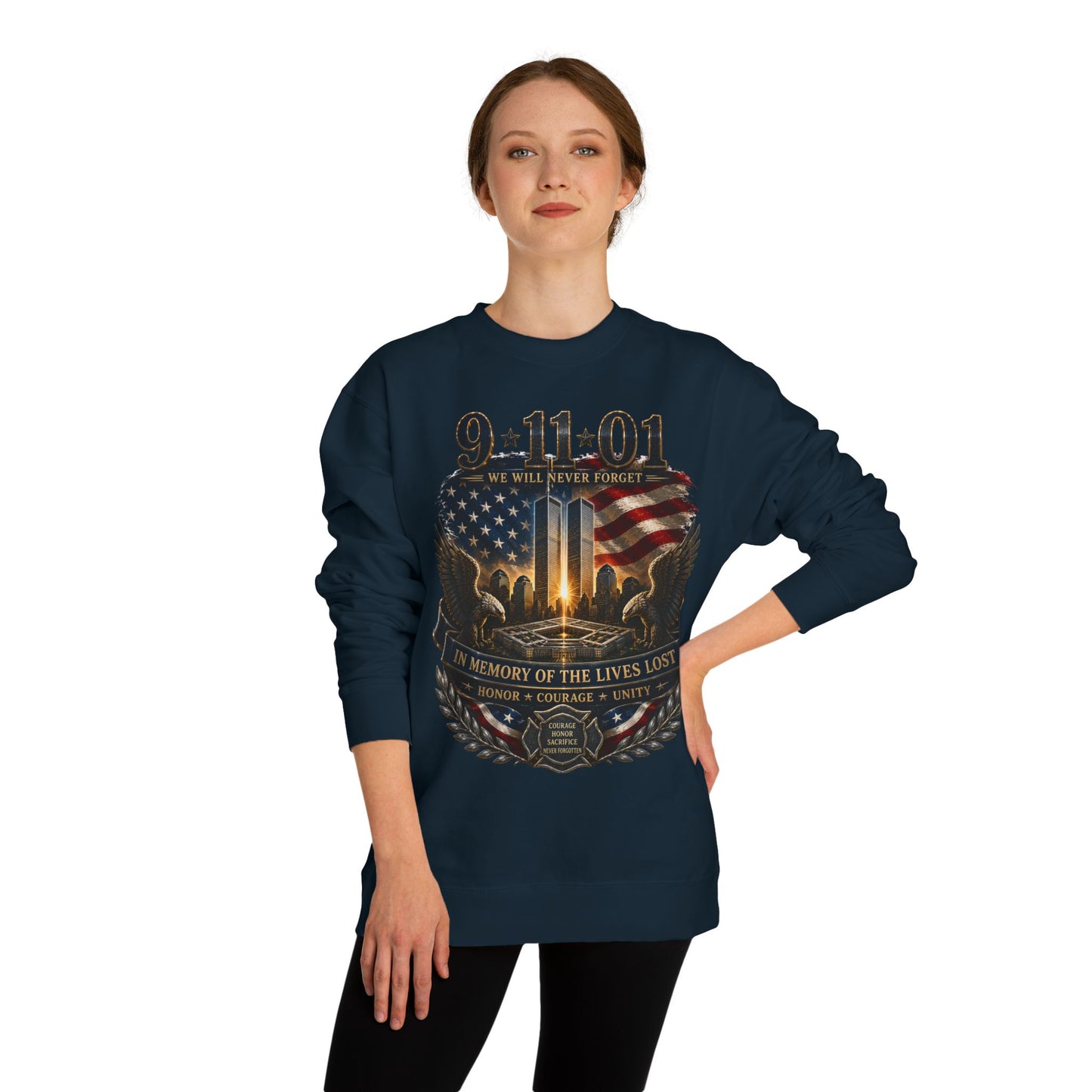 9/11 Memorial Sweatshirt - ‘We Will Never Forget’ Tribute Crewneck with Twin Towers & Flag