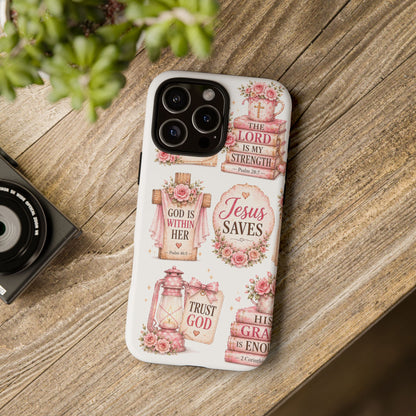 Christian Phone Case — Jesus Saves Floral Tough Case with 'God Is Within Her' & 'Trust God' Design
