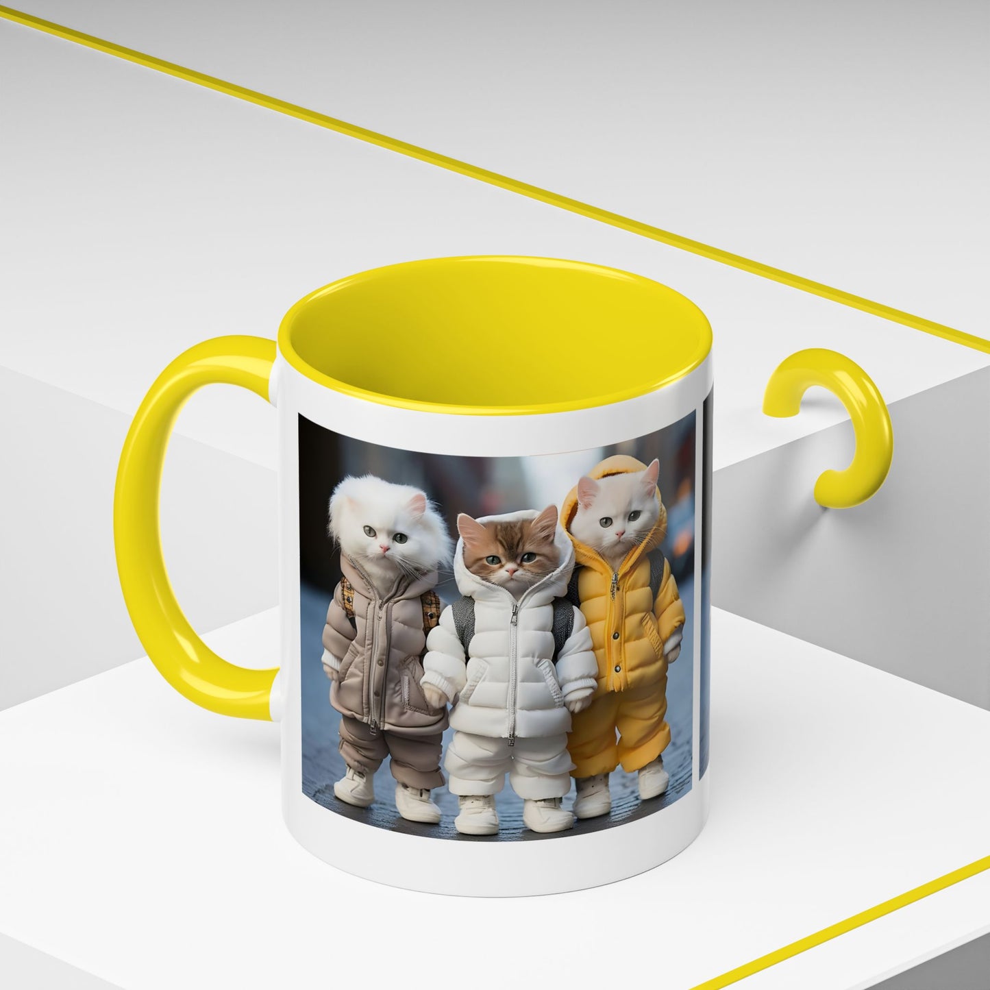 Cat Crew Accent Coffee Mug — Cute Kittens in Puffer Jackets (11/15oz)