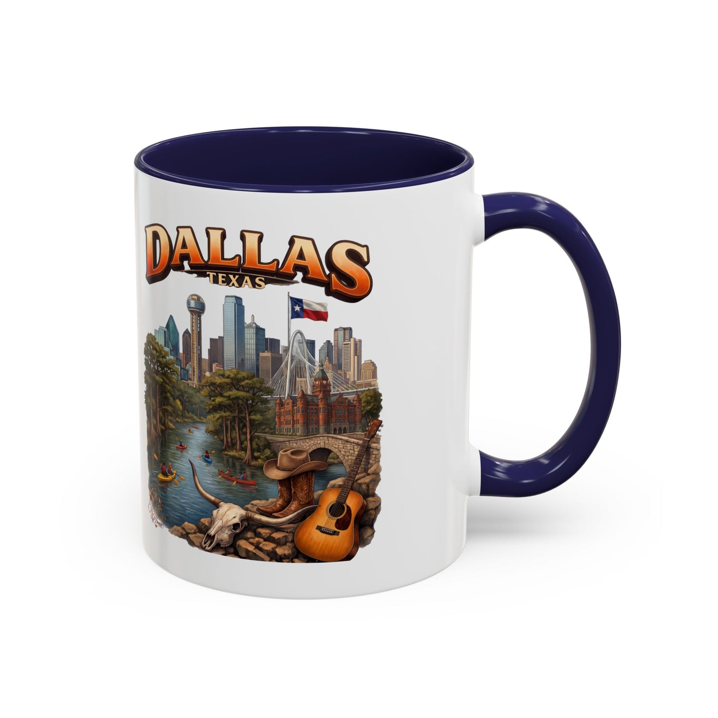 Dallas Skyline Accent Coffee Mug — Texas Souvenir Mug with Guitar & Cityscape