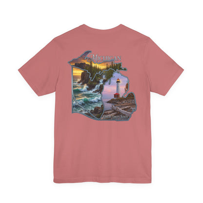 Michigan Scenic Map T-Shirt — Great Lakes Lighthouse Sunset Tee