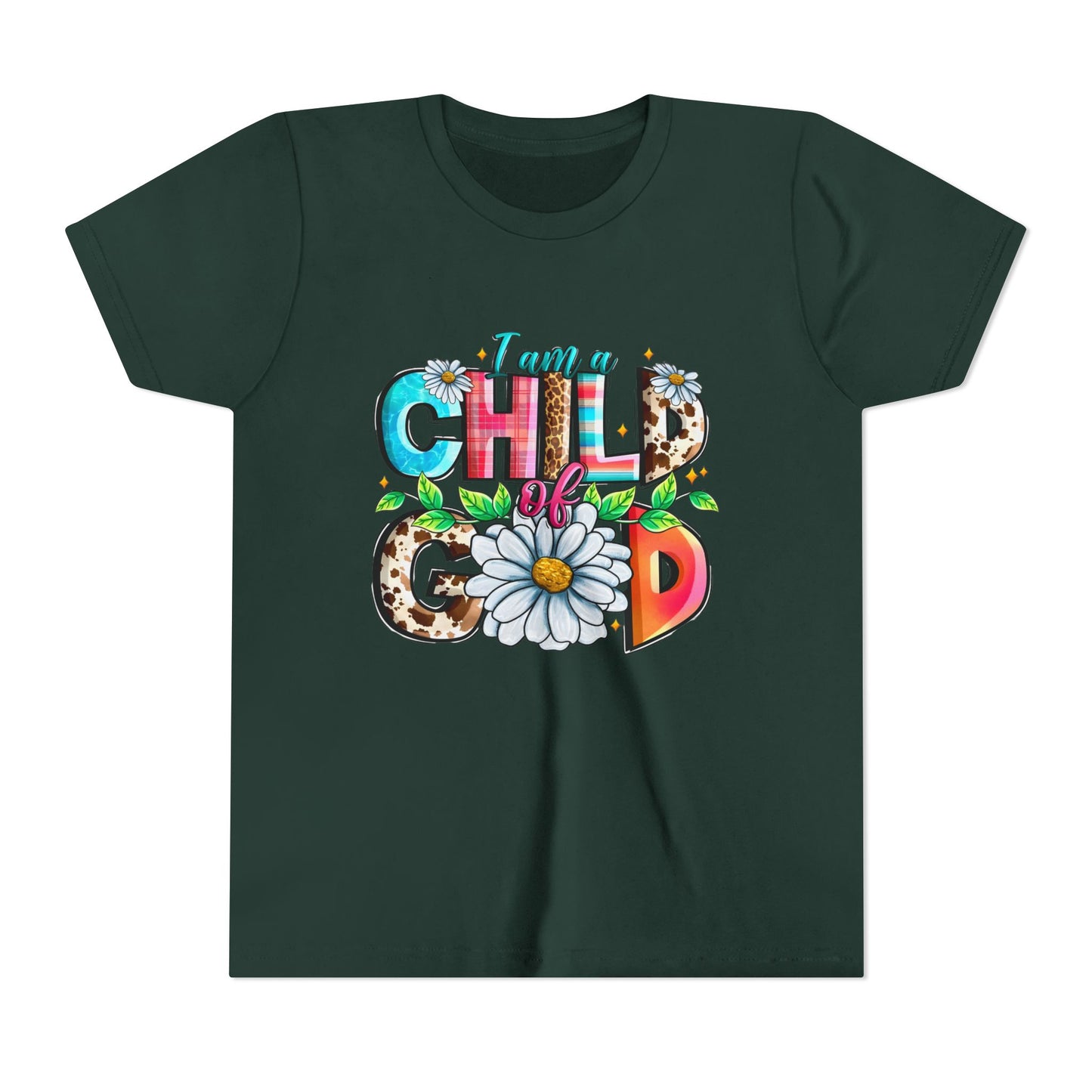 Youth Tee — "I Am a Child of God" Floral Christian Graphic