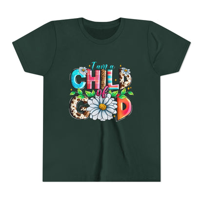 Youth Tee — "I Am a Child of God" Floral Christian Graphic