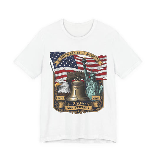 Patriotic 250th Anniversary T-Shirt - Liberty Bell, Bald Eagle & Statue of Liberty