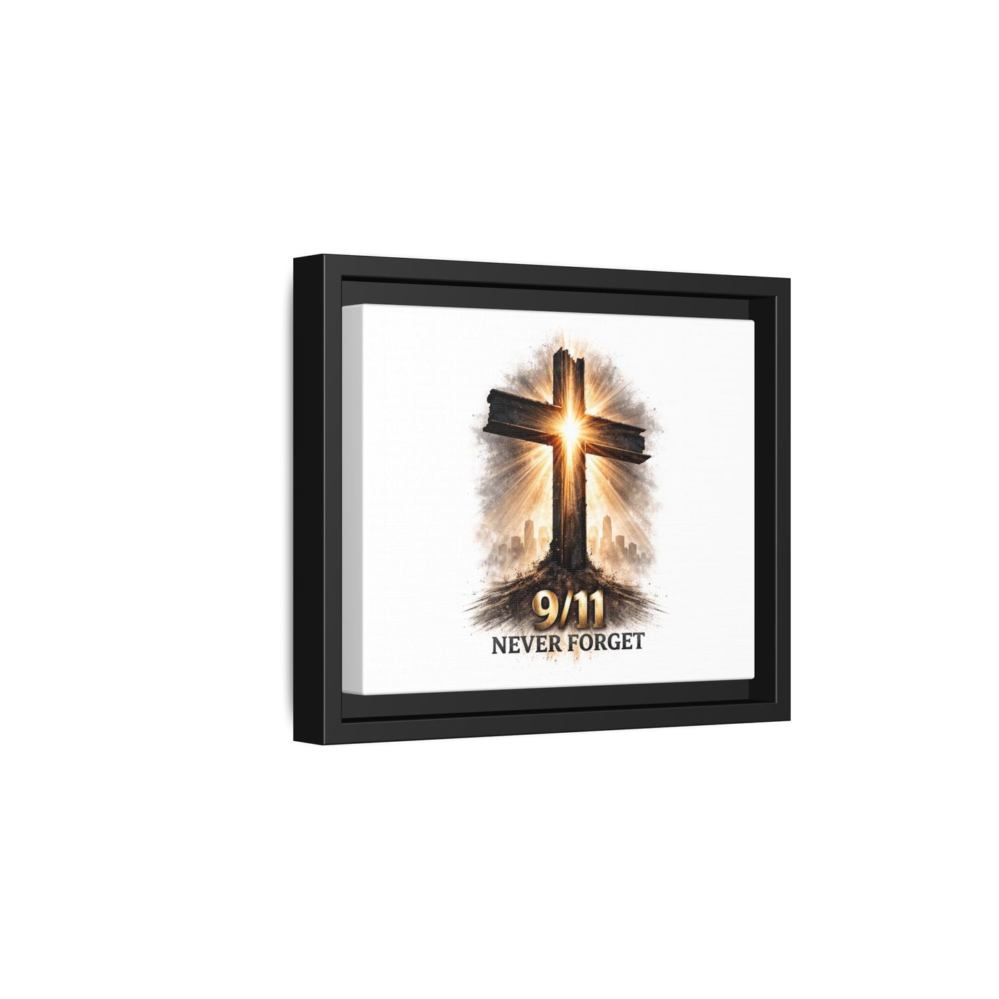 9/11 Never Forget Framed Canvas Wall Art — Memorial Cross Tribute