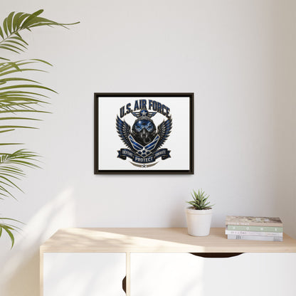 U.S. Air Force Emblem Framed Canvas Print – "Defend Protect Dominate" Military Wall Art